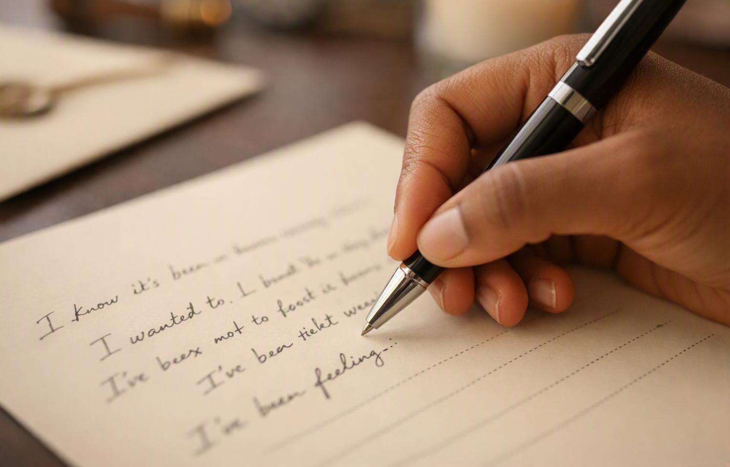 Hand writing a letter with a pen on cream paper